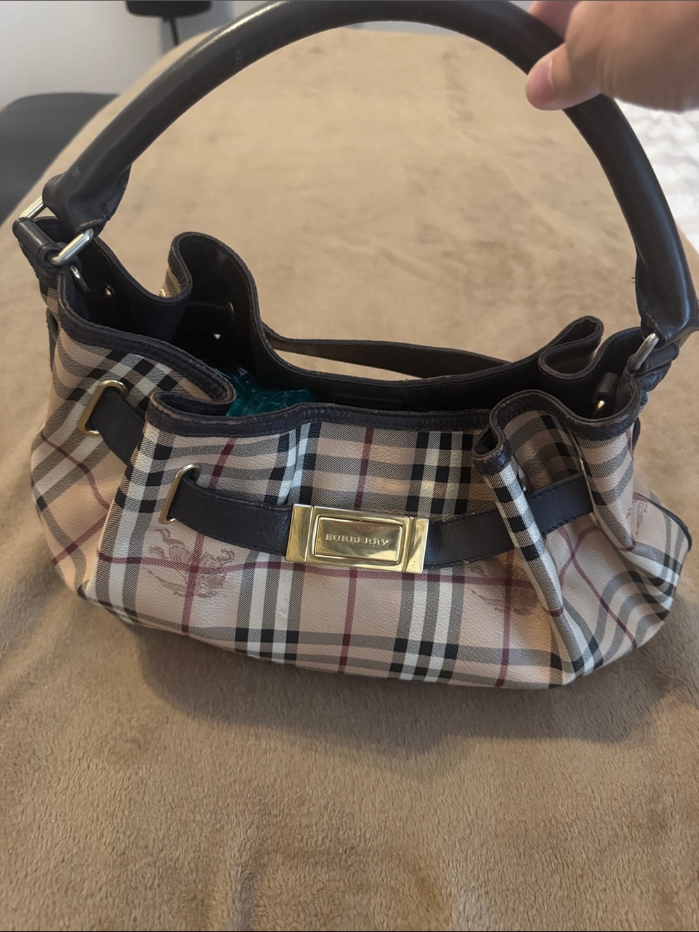 Burberry Beige Check Shoulder Bag with Dark Brown Trim